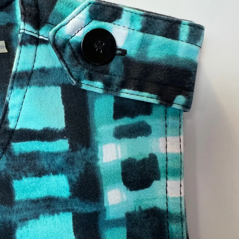 Marvin Richards Cotton Sheath Dress Teal Abstract Print Utility Pockets Size 4 - Picture 6 of 13